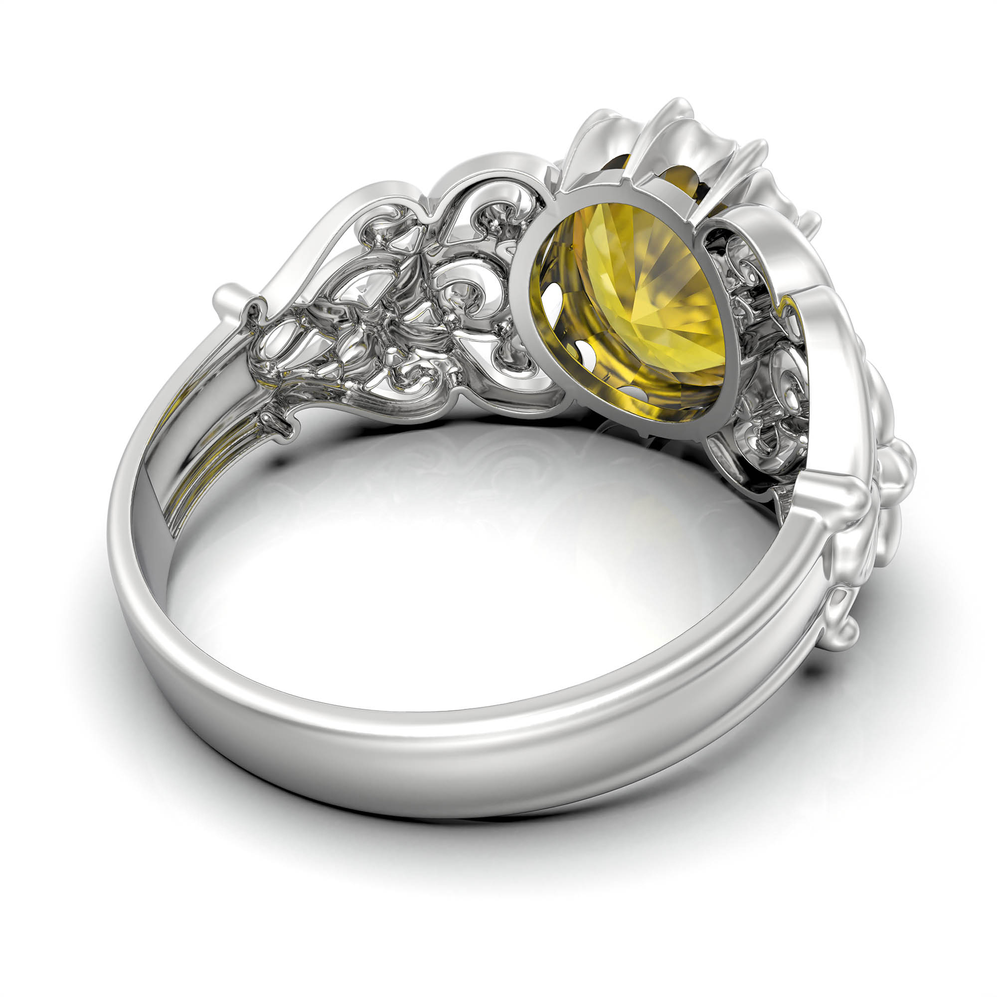 Yellow Sapphire (Pukhraj) Antique Ring for Women in 18K White Gold – Oval 9x8 mm, Prong Setting, 3 g (Design KA-8) thumbnail