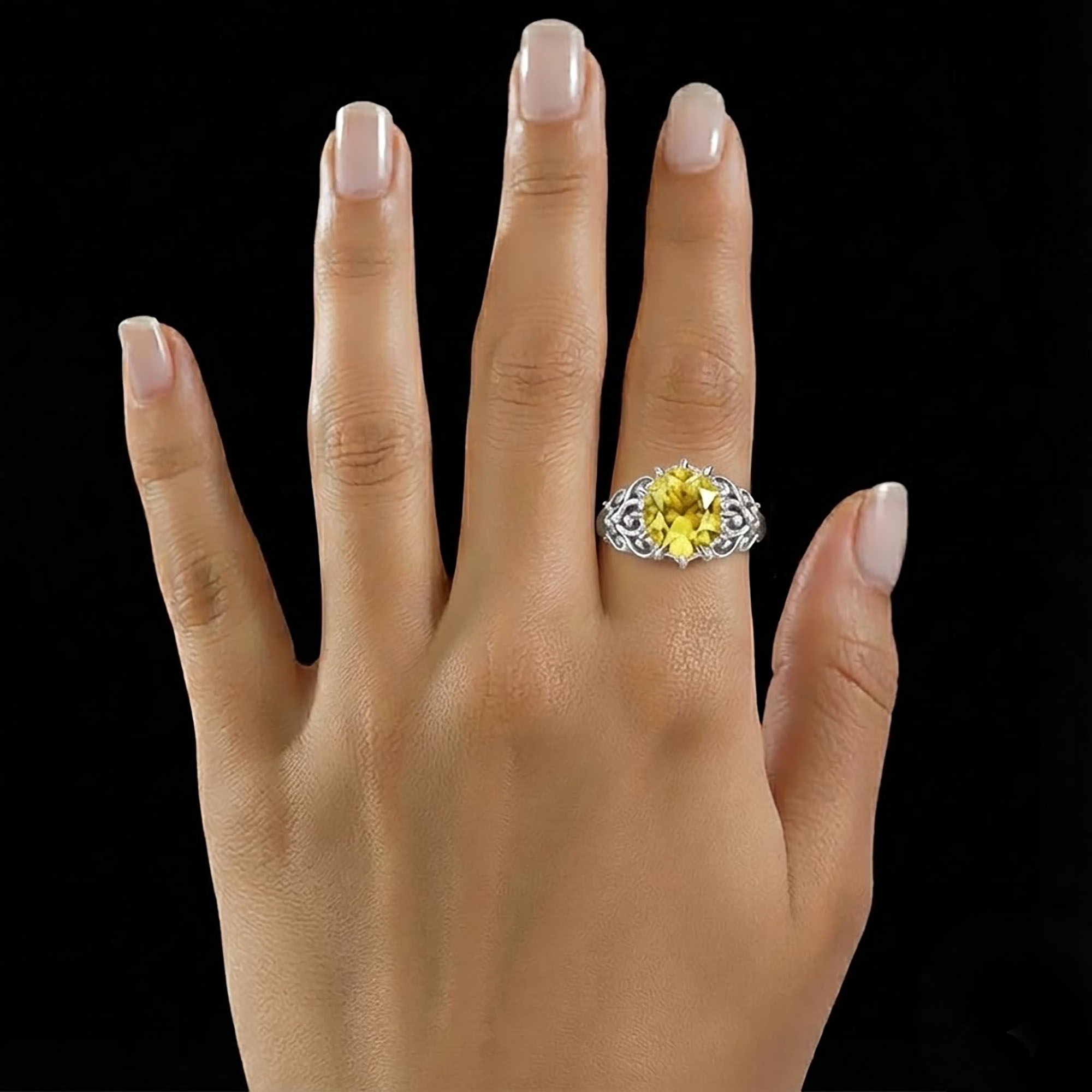 Yellow Sapphire (Pukhraj) Antique Ring for Women in 18K White Gold – Oval 9x8 mm, Prong Setting, 3 g (Design KA-8) thumbnail