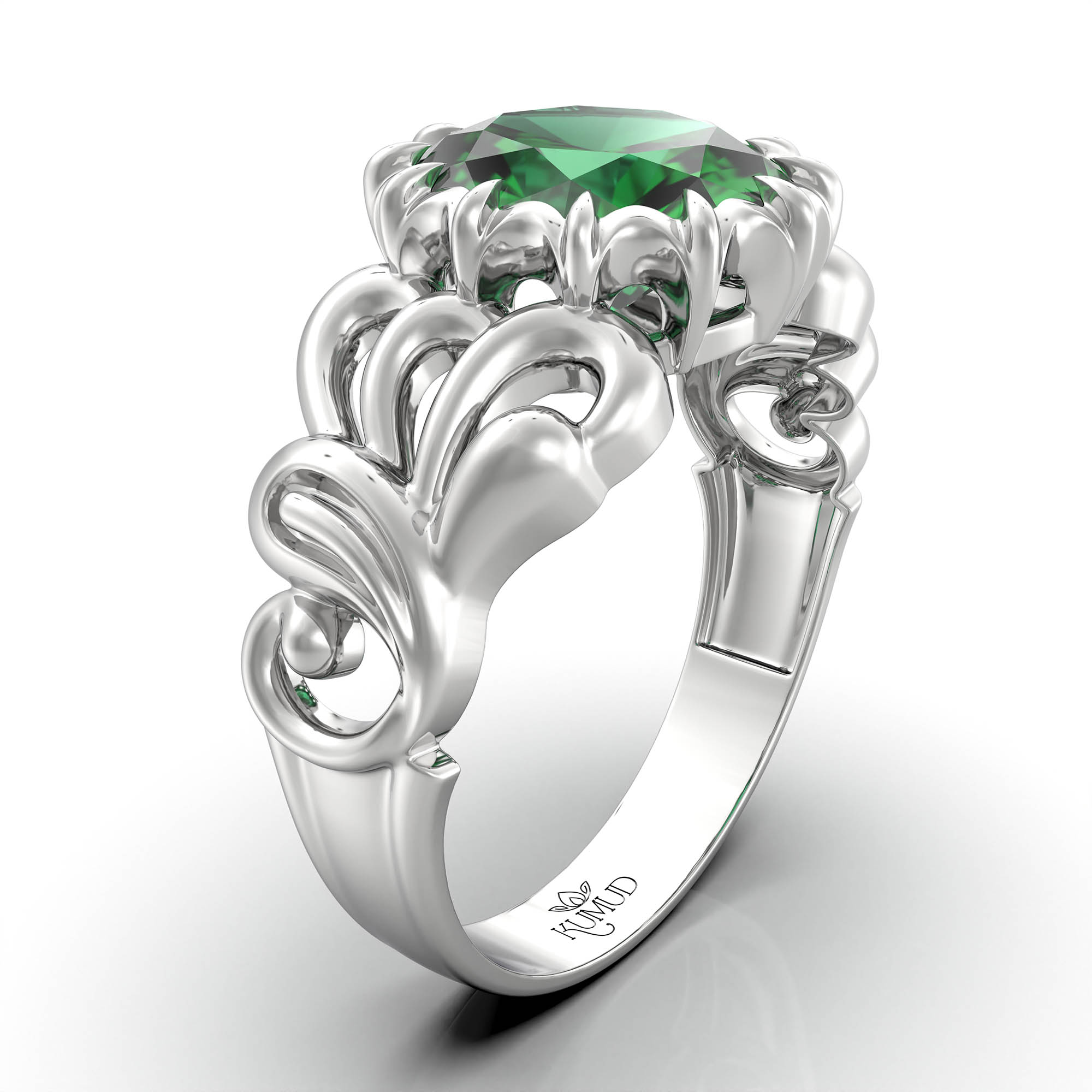 Emerald (Panna) Antique Ring for Women in 18K White Gold – Oval 9x8 mm, Prong Setting, 3 g (Design KA-9) thumbnail