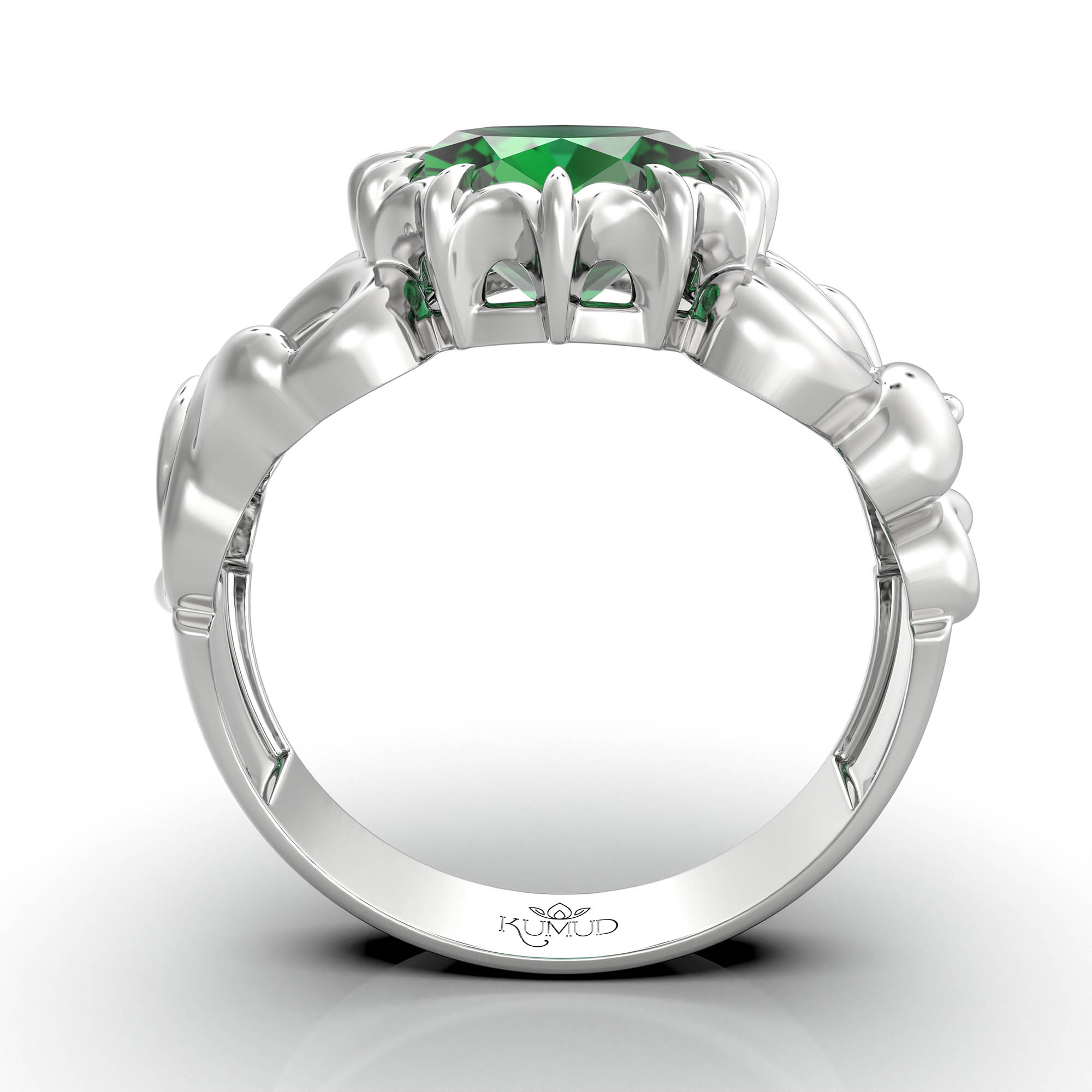 Emerald (Panna) Antique Ring for Women in 18K White Gold – Oval 9x8 mm, Prong Setting, 3 g (Design KA-9) thumbnail