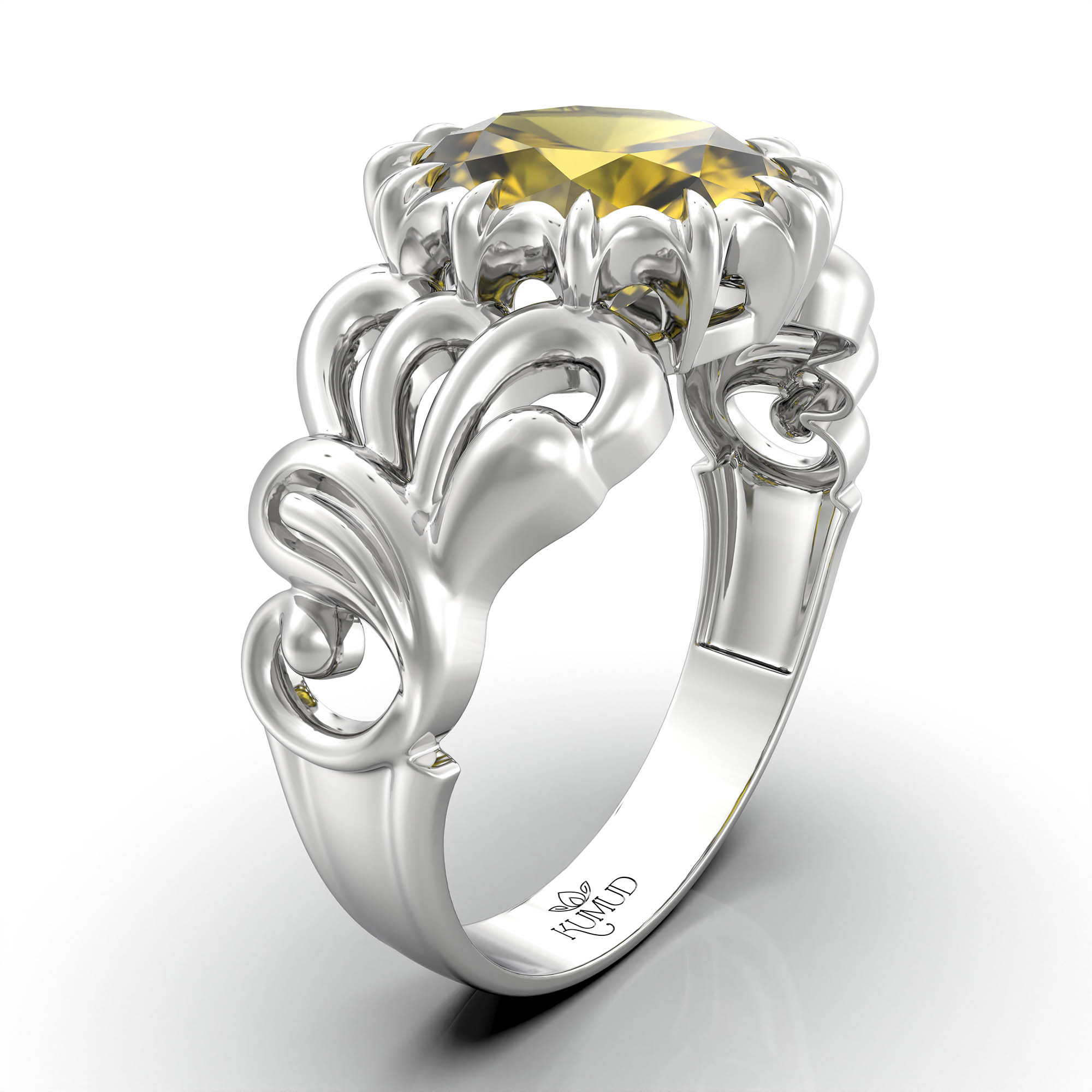 Yellow Sapphire (Pukhraj) Antique Ring for Women in 18K White Gold – Oval 9x8 mm, Prong Setting, 3 g (Design KA-9) thumbnail