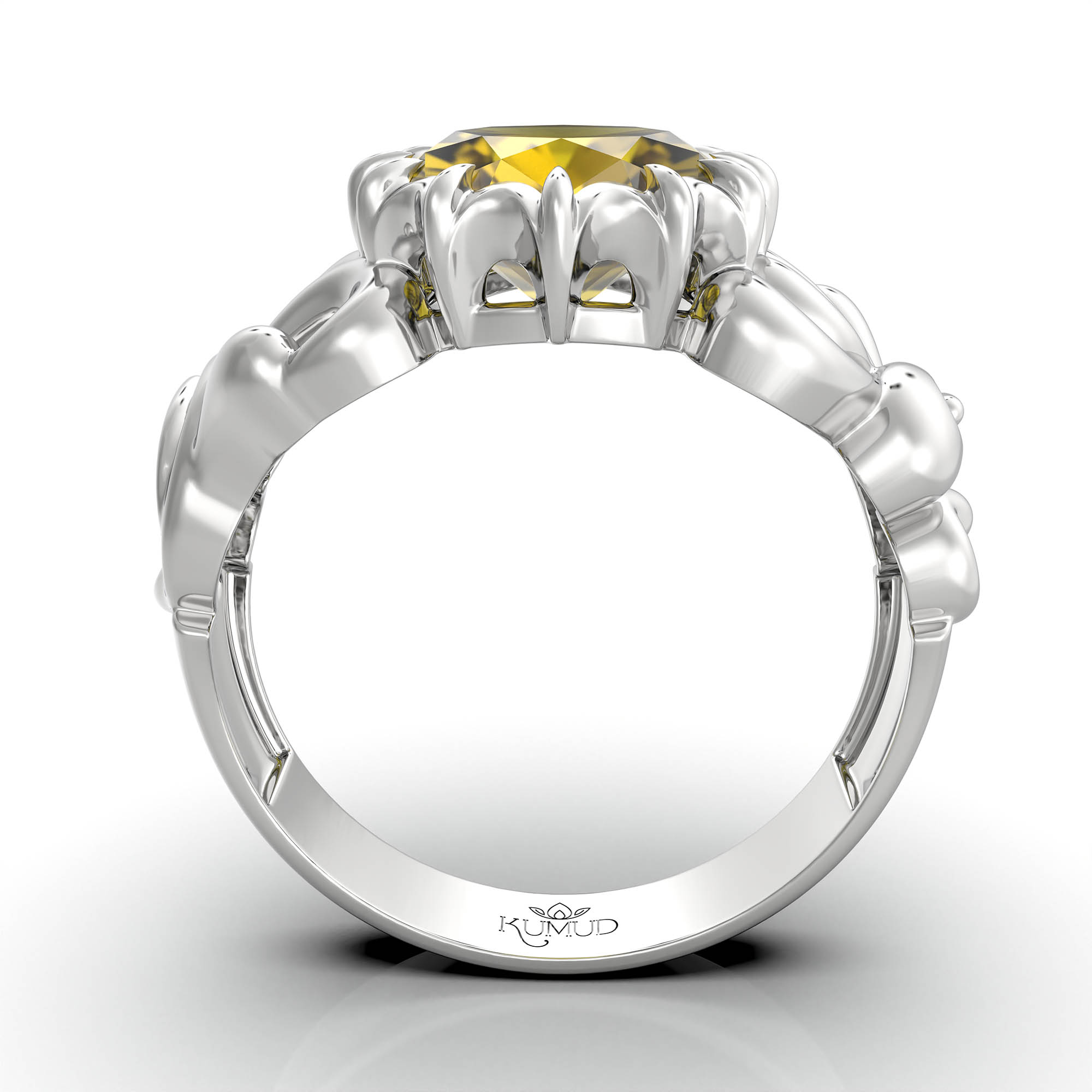 Yellow Sapphire (Pukhraj) Antique Ring for Women in 18K White Gold – Oval 9x8 mm, Prong Setting, 3 g (Design KA-9) thumbnail