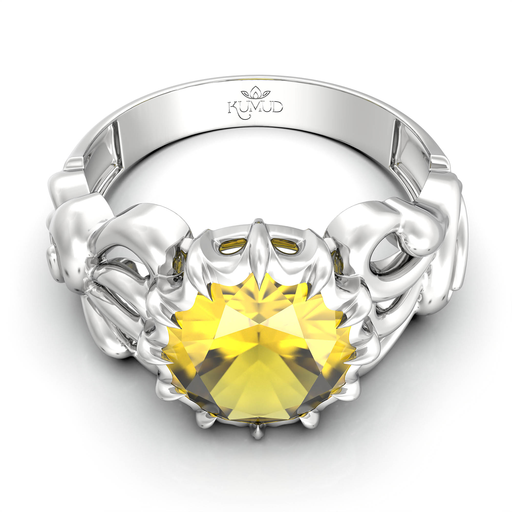 Yellow Sapphire (Pukhraj) Antique Ring for Women in 18K White Gold – Oval 9x8 mm, Prong Setting, 3 g (Design KA-9) thumbnail