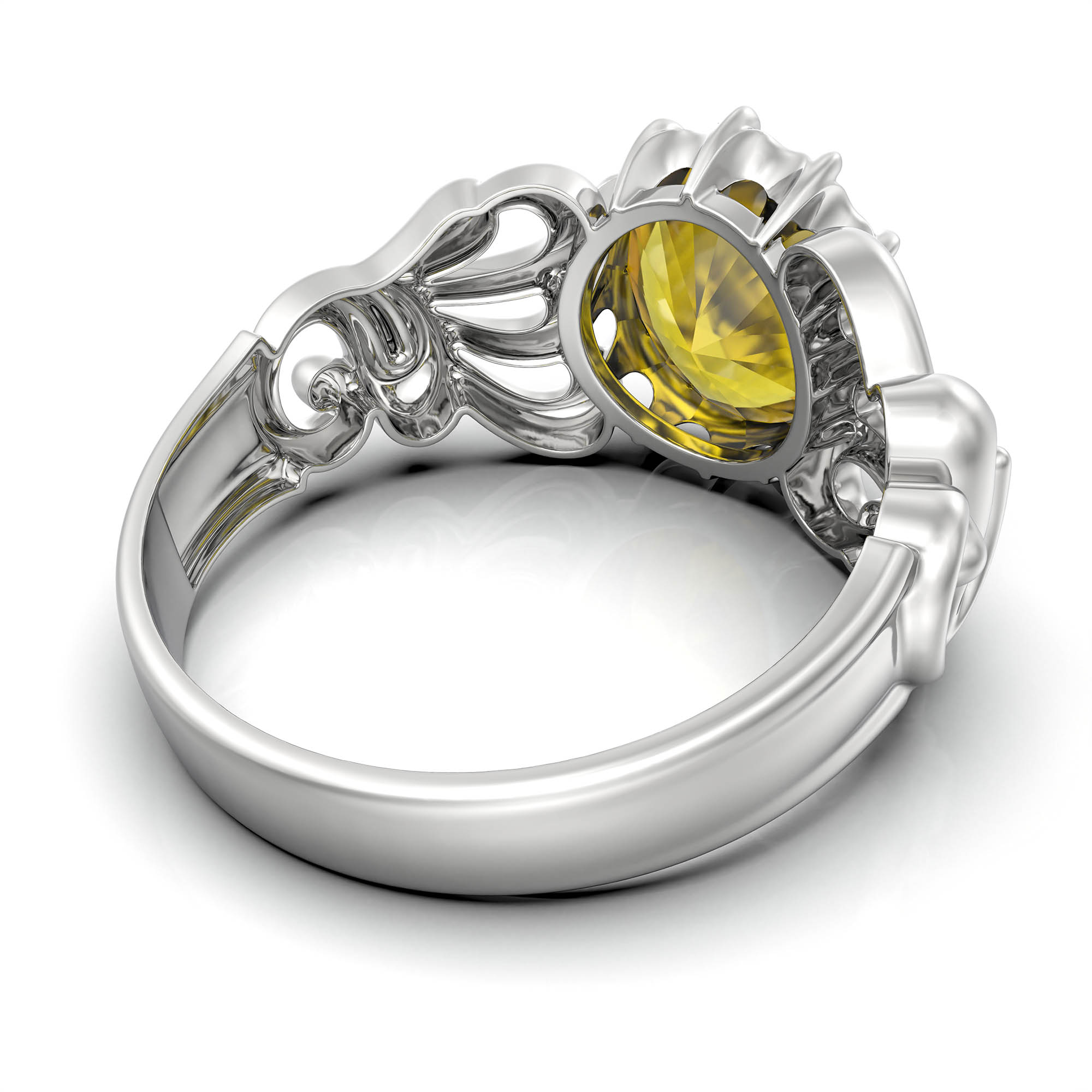 Yellow Sapphire (Pukhraj) Antique Ring for Women in 18K White Gold – Oval 9x8 mm, Prong Setting, 3 g (Design KA-9) thumbnail