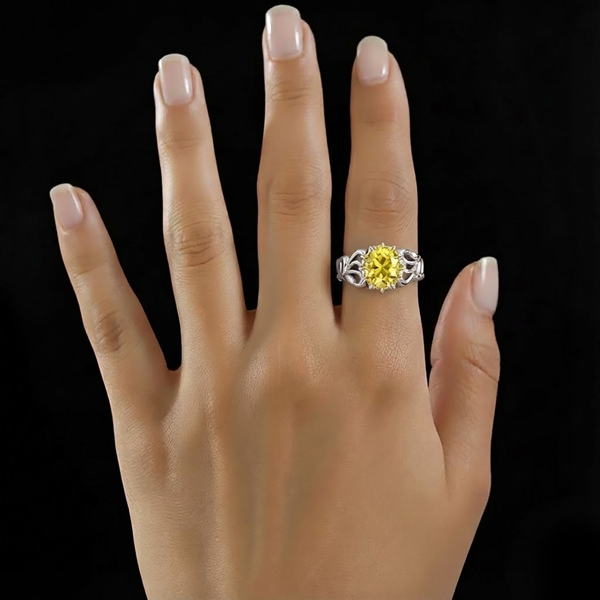 Yellow Sapphire (Pukhraj) Antique Ring for Women in 18K White Gold – Oval 9x8 mm, Prong Setting, 3 g (Design KA-9) thumbnail