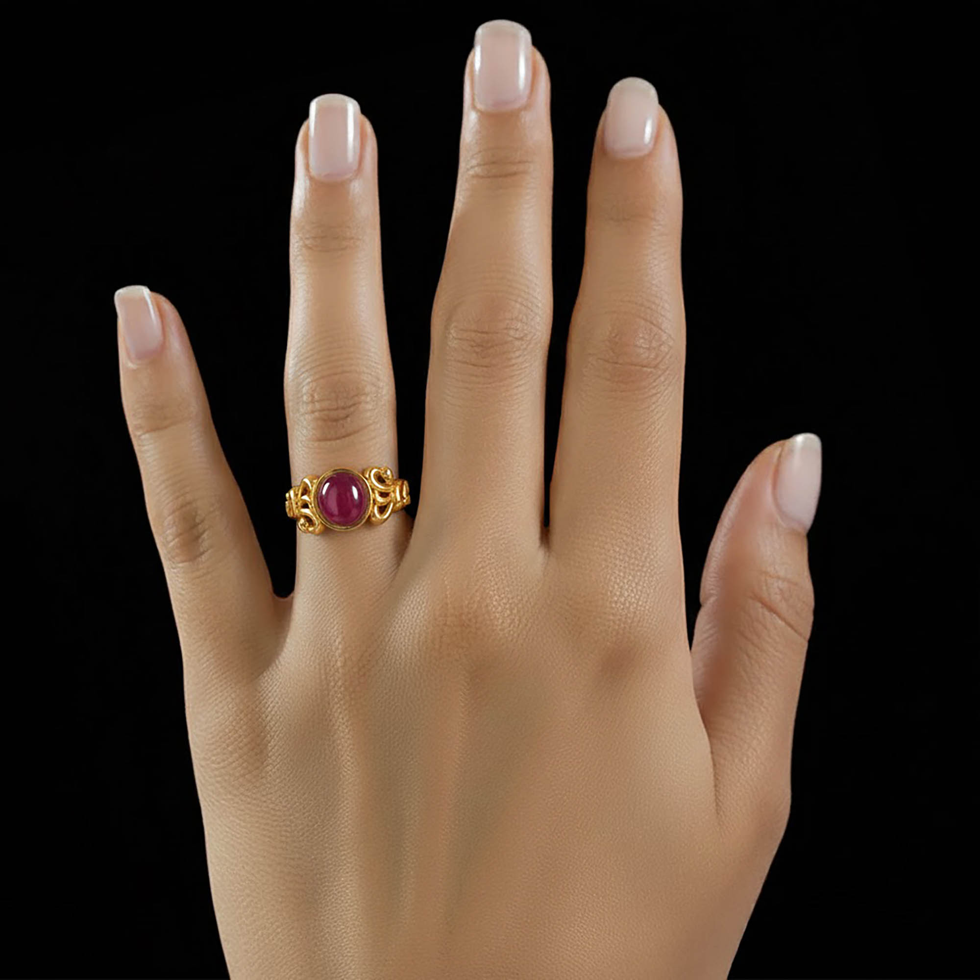 Ruby (Manik) Antique Ring for Women in 22K Yellow Gold – Oval Cabochon 9x8 mm, Bezel Setting, 4 g (Design KA-9) thumbnail