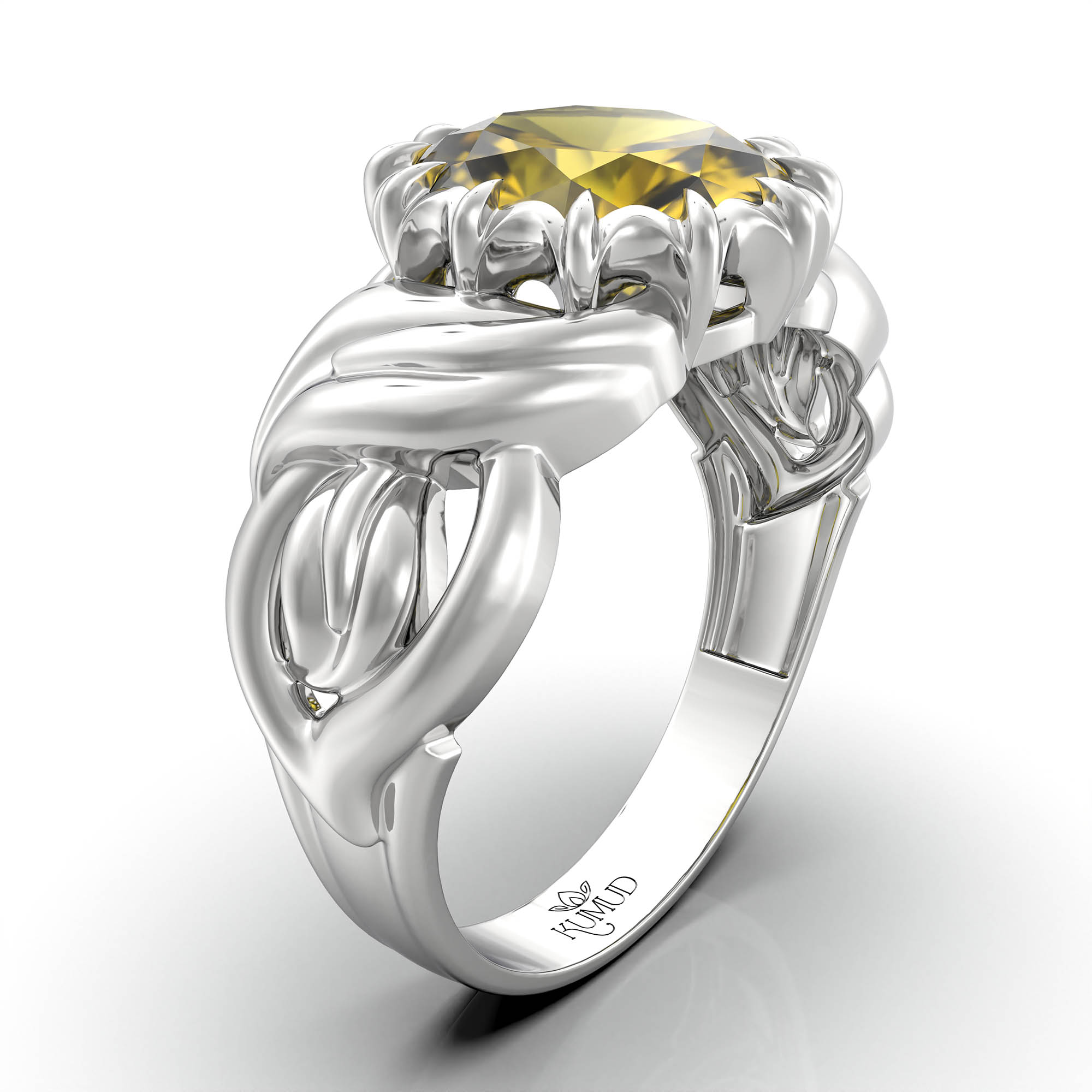 Yellow Sapphire (Pukhraj) Antique Ring for Women in 18K White Gold – Oval 9x8 mm, Prong Setting, 3 g (Design KA-10) thumbnail