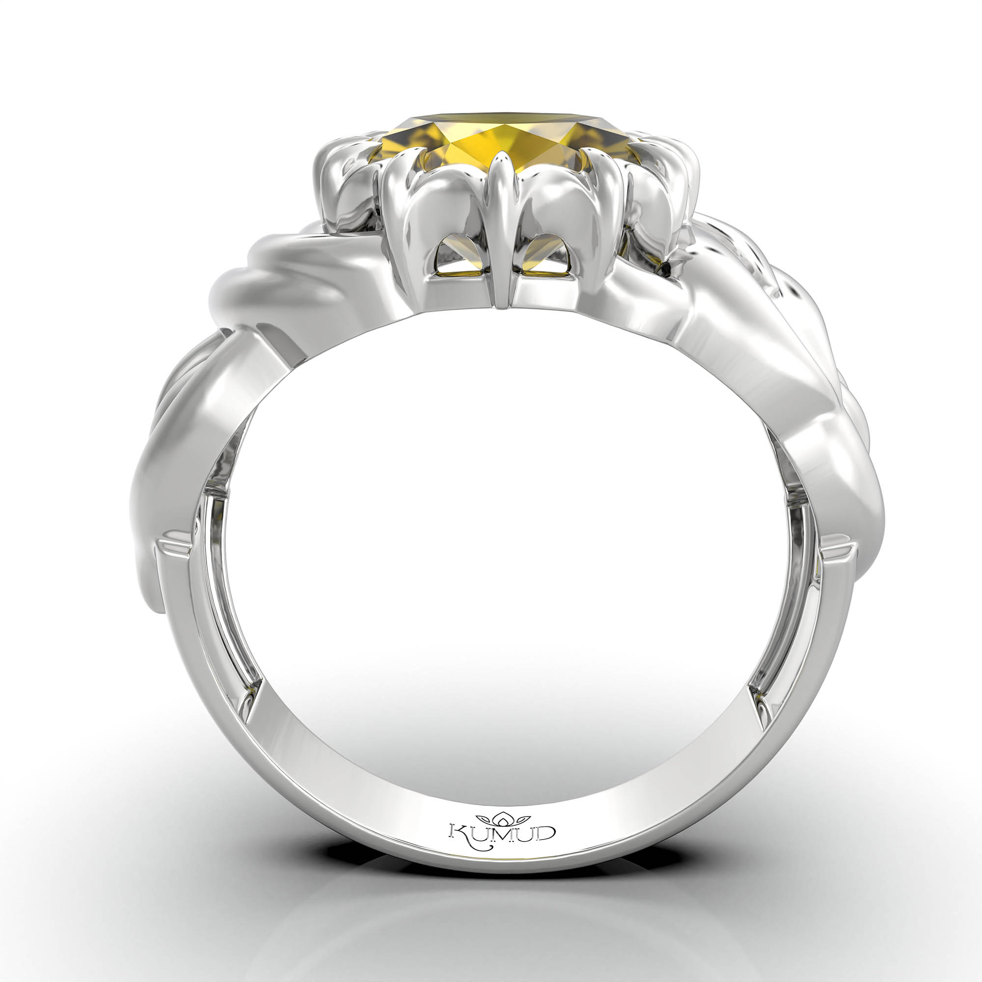 Yellow Sapphire (Pukhraj) Antique Ring for Women in 18K White Gold – Oval 9x8 mm, Prong Setting, 3 g (Design KA-10) thumbnail