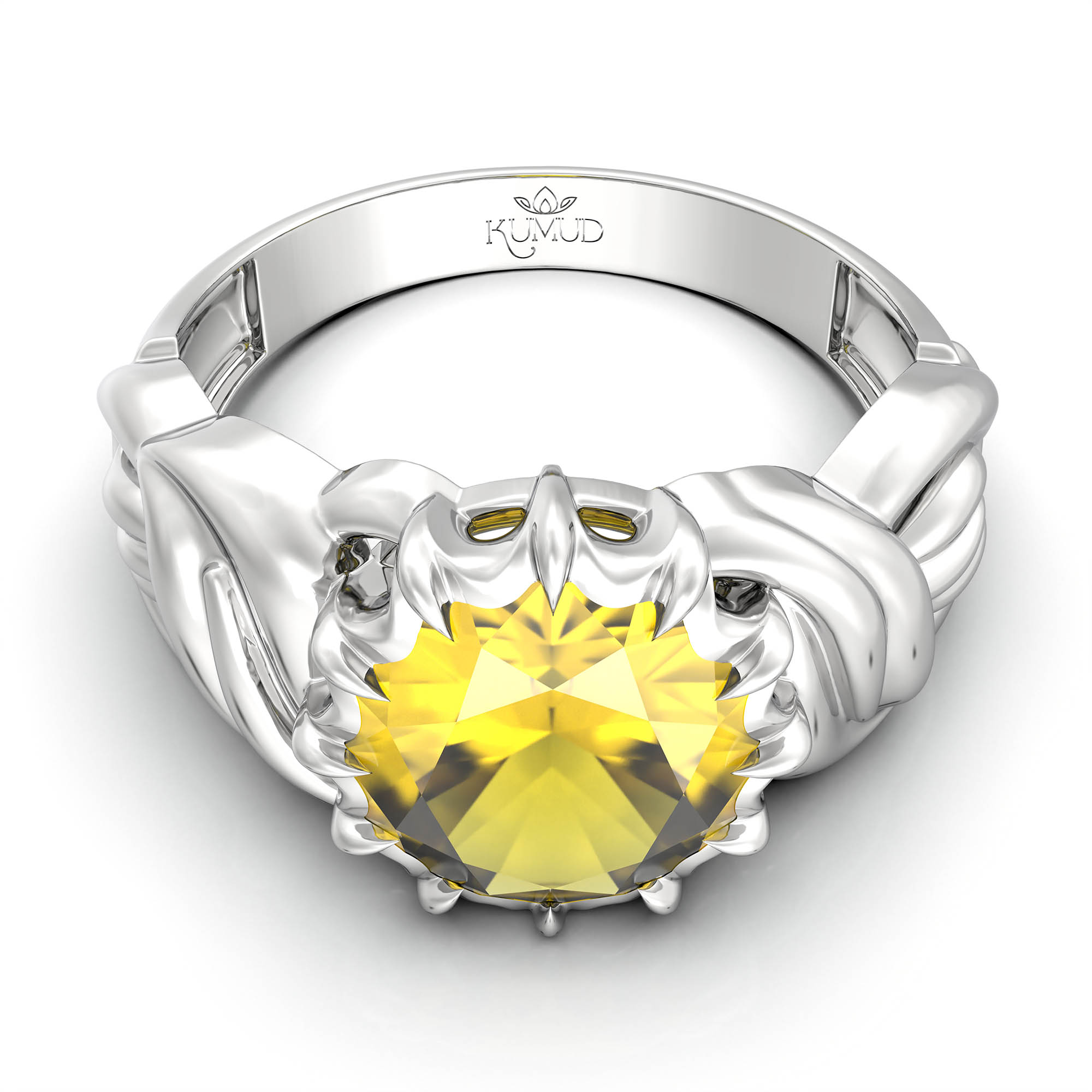 Yellow Sapphire (Pukhraj) Antique Ring for Women in 18K White Gold – Oval 9x8 mm, Prong Setting, 3 g (Design KA-10) thumbnail