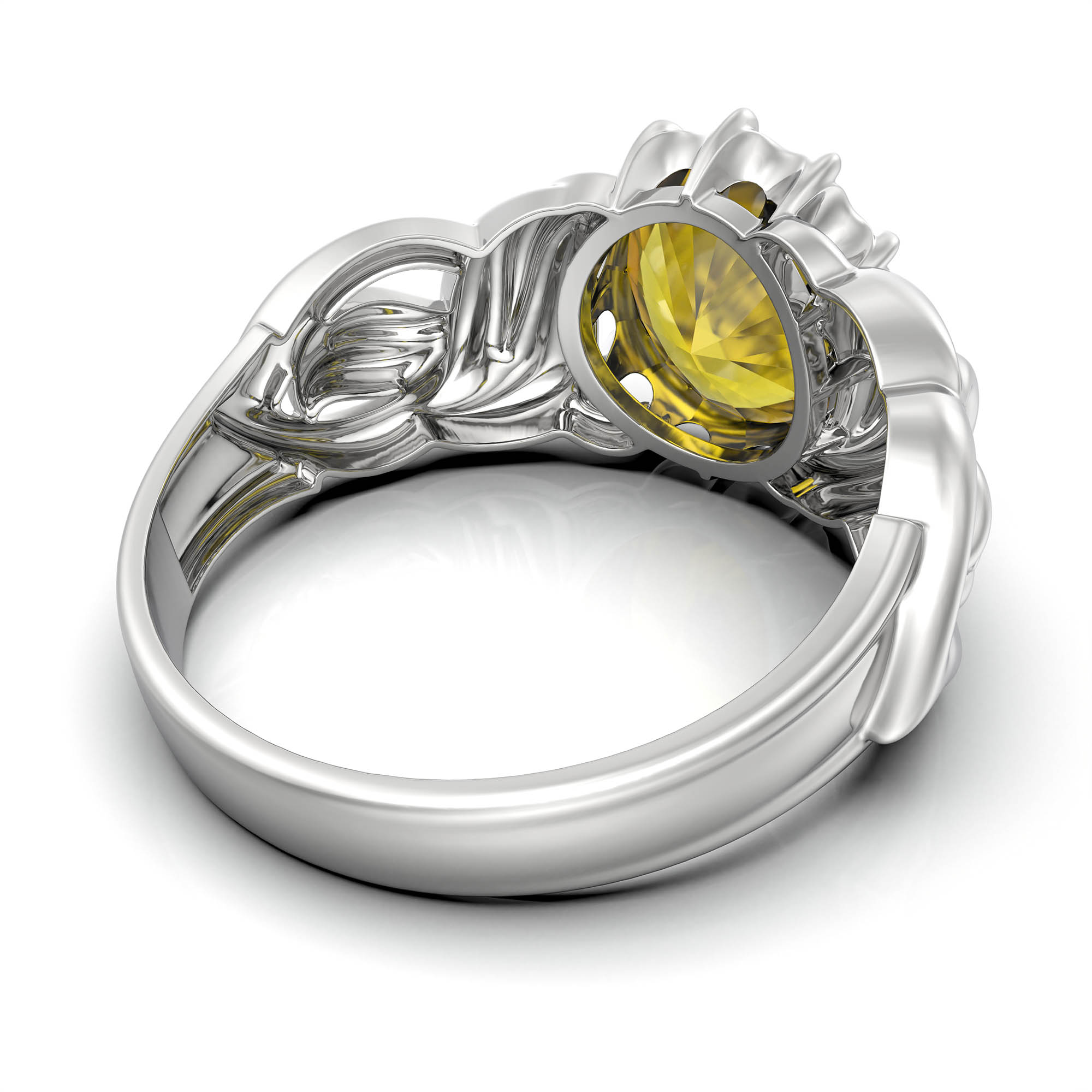 Yellow Sapphire (Pukhraj) Antique Ring for Women in 18K White Gold – Oval 9x8 mm, Prong Setting, 3 g (Design KA-10) thumbnail
